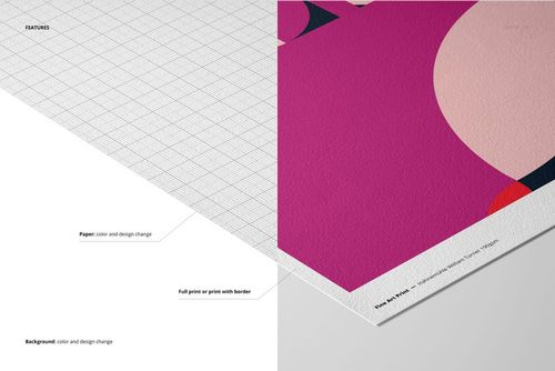 A3 fine art print mockup showing a close-up of textured paper with a vibrant geometric pattern on a split background.