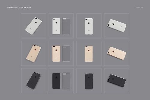 iPhone 8 Plus PSD mockup set featuring clear cases and phones in multiple colors, arranged in twelve sections.