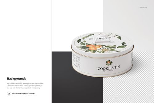 Round cookie tin with floral pattern and white lid, displayed in a realistic PSD mockup on split black and white background.