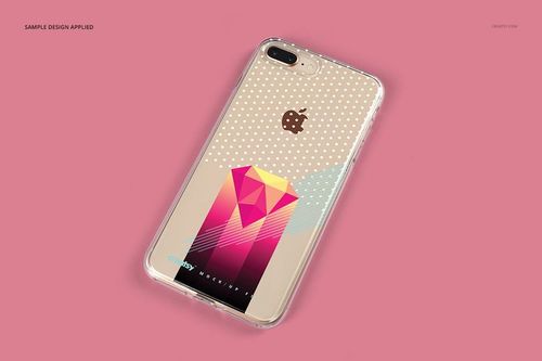 iPhone 8 Plus clear case mockup featuring a colorful abstract pattern, displayed on a pink surface, top view.