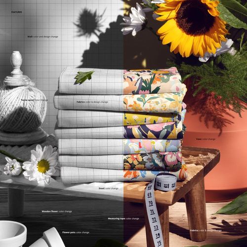 Jersey fabric mockup with folded textiles in various colors and patterns, displayed on a stool next to a vase and sunflowers.