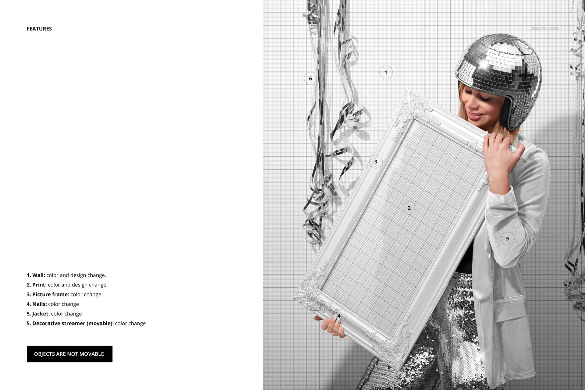 Framed art print mockup held vertically by a person wearing a silver disco ball helmet, with party decorations in the background.