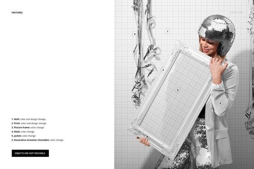 Framed art print mockup held vertically by a person wearing a silver disco ball helmet, with party decorations in the background.