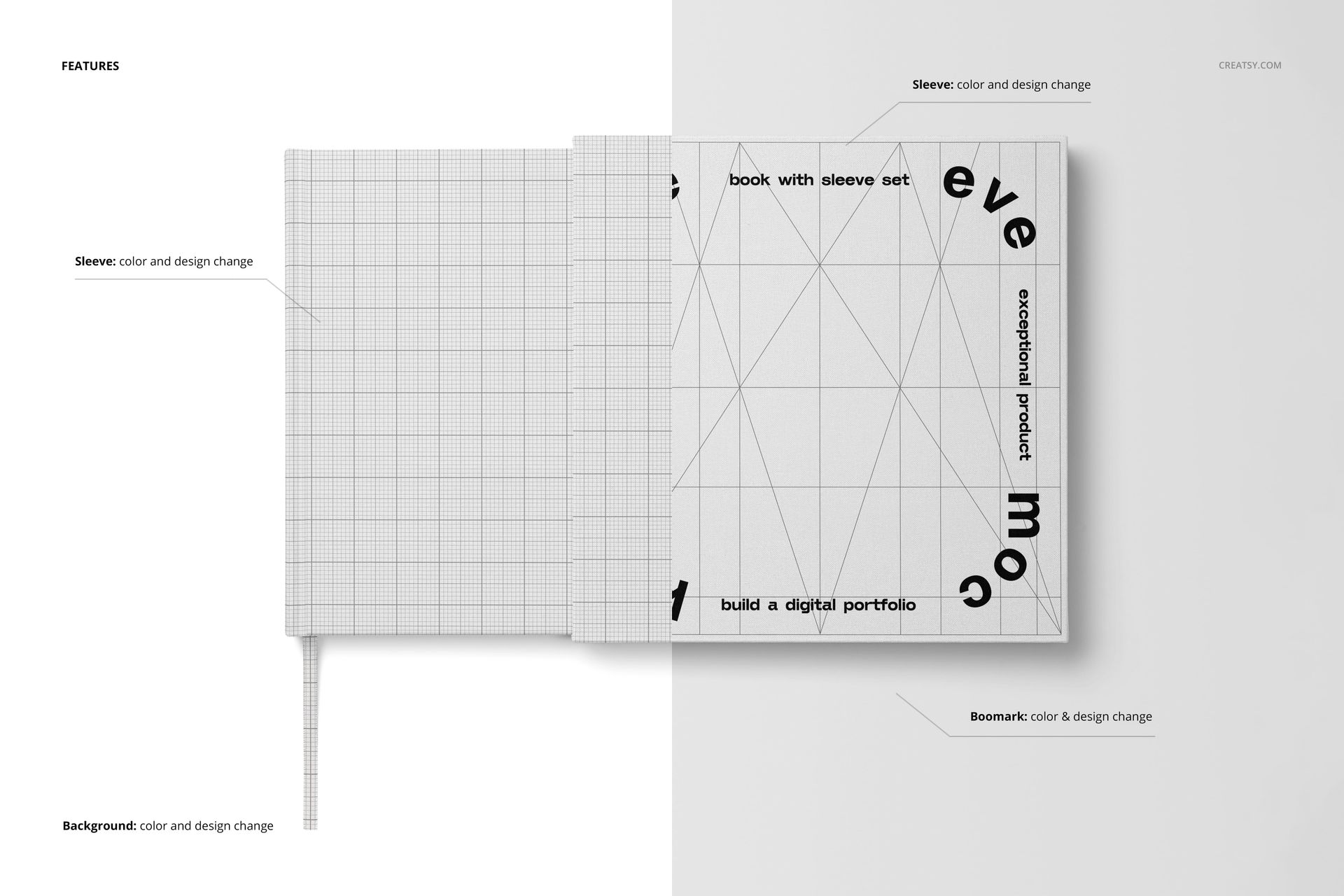 Hardcover book and sleeve mockup displayed in top view, featuring grid patterns and monochrome design elements.
