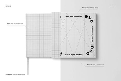 Hardcover book and sleeve mockup displayed in top view, featuring grid patterns and monochrome design elements.