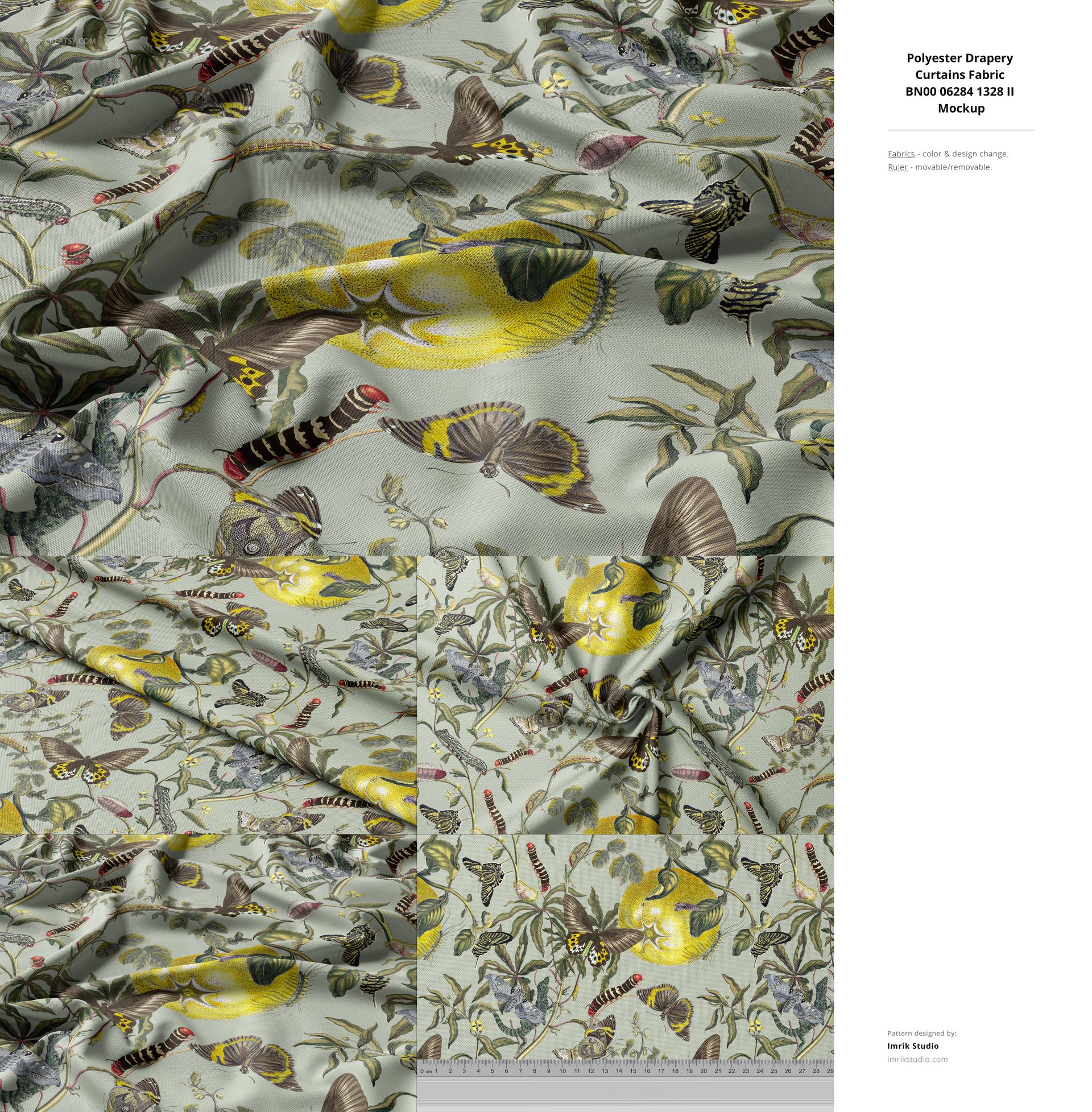 Front view of polyester fabric mockup with a nature-inspired print showing butterflies, leaves, and branches.