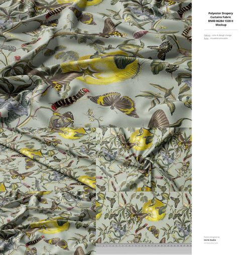 Front view of polyester fabric mockup with a nature-inspired print showing butterflies, leaves, and branches.