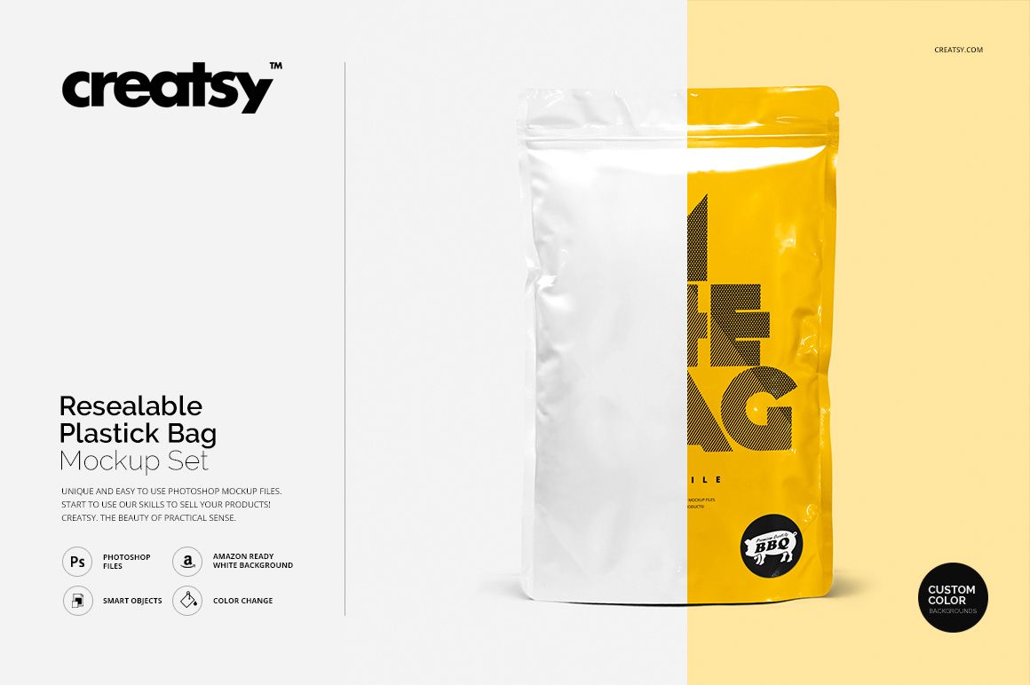 Front view of a resealable plastic bag mockup with a split white and yellow design, standing upright on a neutral background.