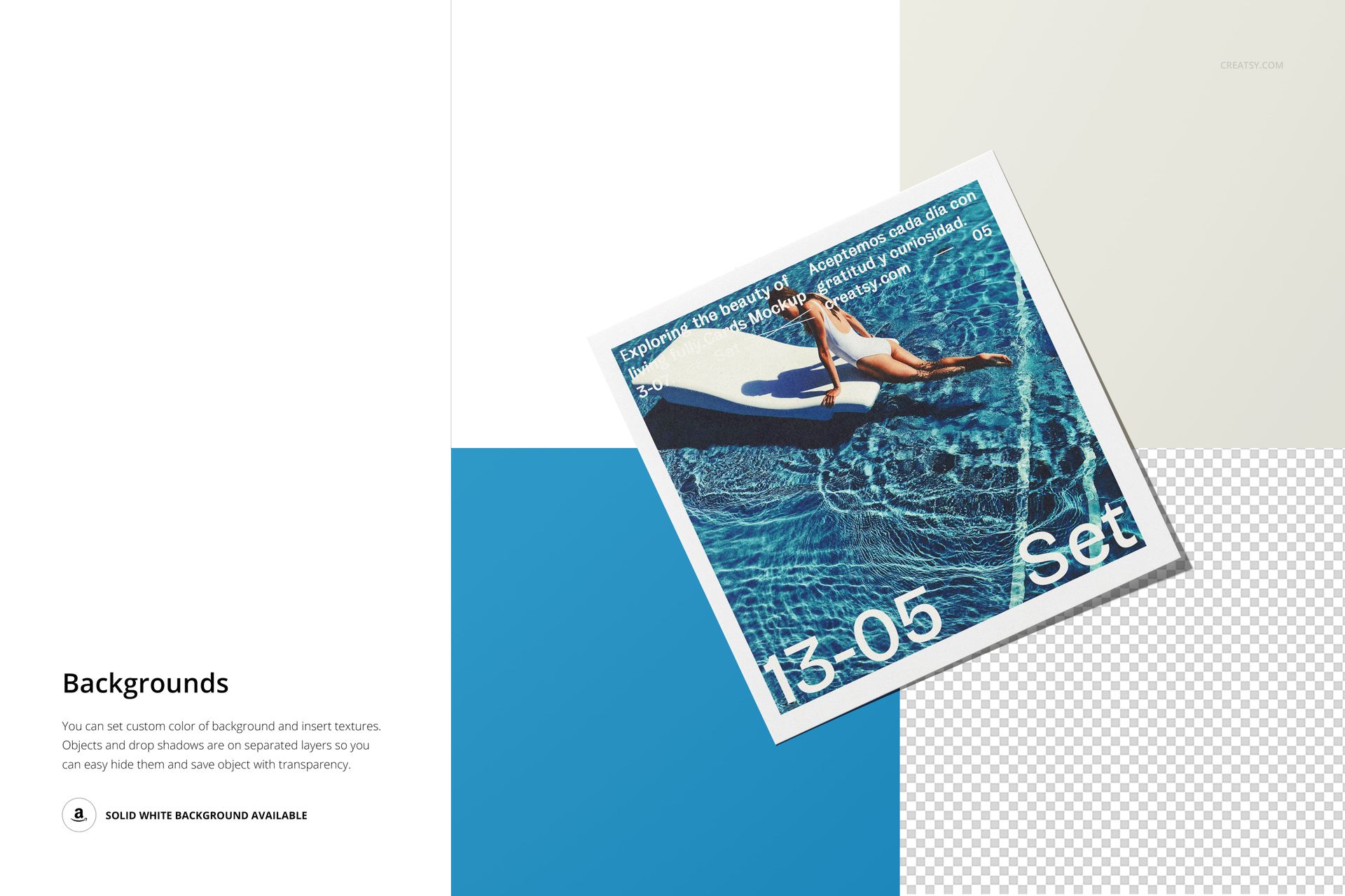 Square photo print mockup featuring a woman sunbathing by a pool, shown from a top view with a blue background.