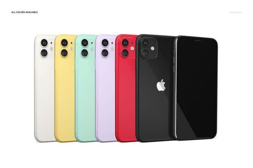 PSD mockup showing six iPhone 11s with glossy cases in assorted colors, arranged side by side for design presentation.