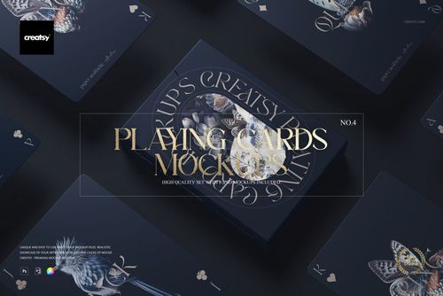 Front view of a dark navy playing cards mockup set with butterfly illustrations, cards fanned around a matching box.