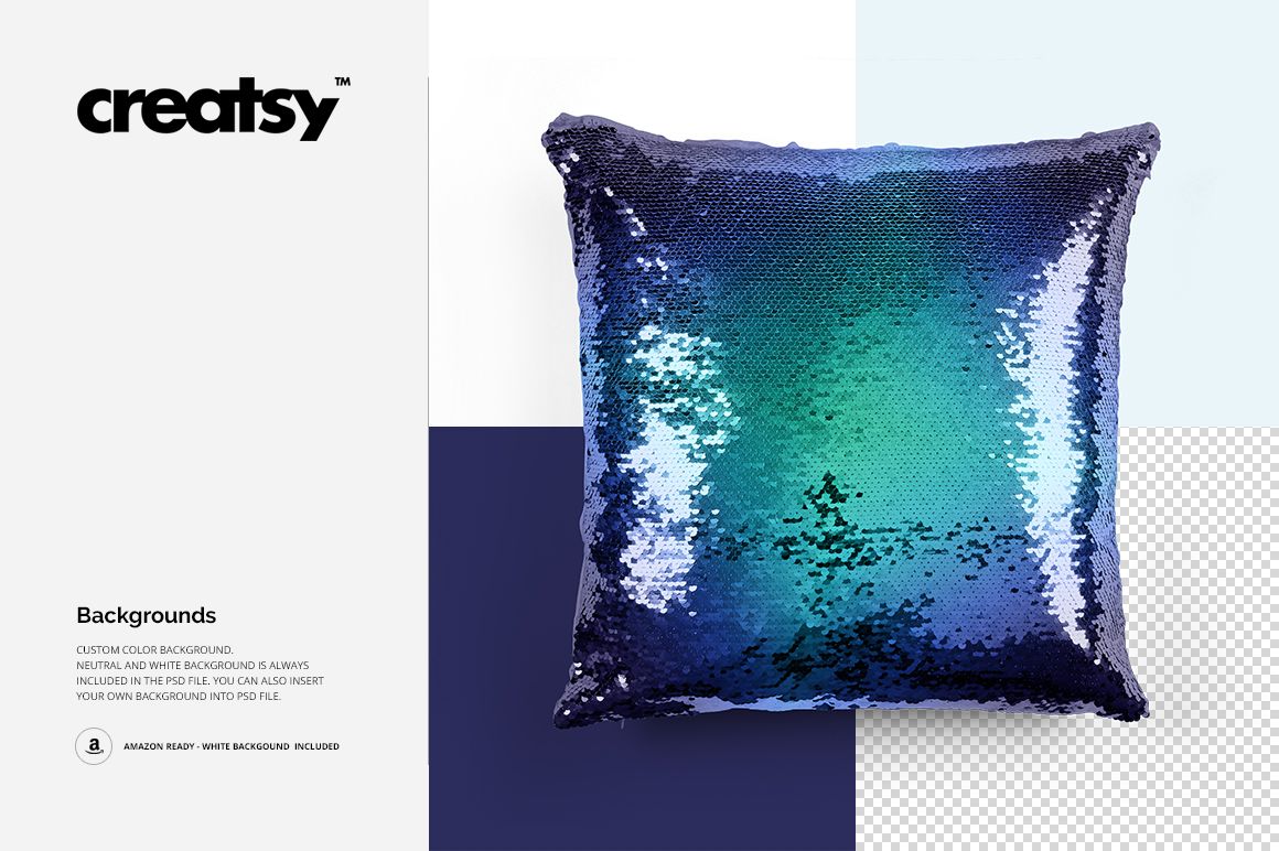 Front-facing reversible sequin pillow in blue and green tones, displayed on a multi-colored background mockup.