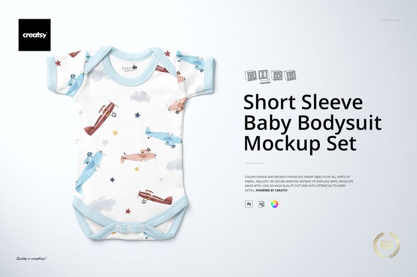 Front view of a baby short sleeve bodysuit mockup with blue trim, featuring airplane and cloud patterns on a light background.