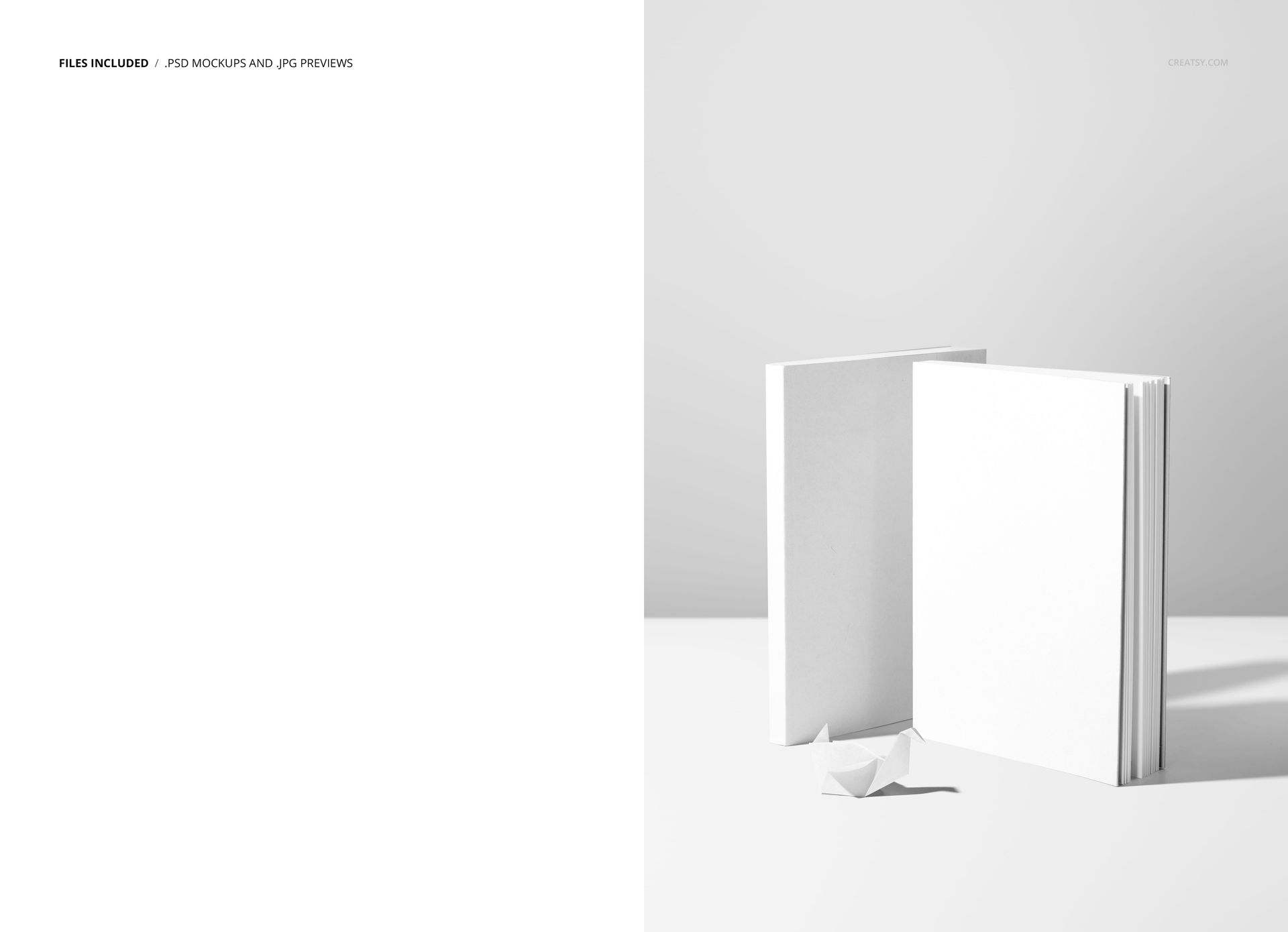 PSD mockup featuring two vertical white planners and a small origami swan, photographed in bright lighting.