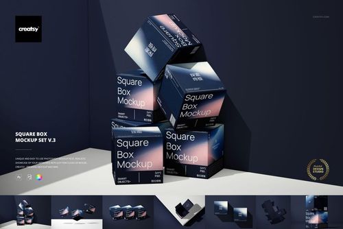 PSD mockup of square boxes featuring a modern gradient pattern, displayed in a studio setting with dark walls.
