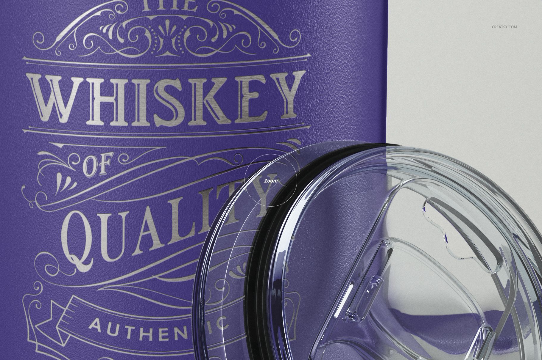 Close-up front view of a purple camp coffee mug with silver decorative text and a transparent lid, shown on a light background.