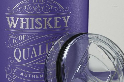 Close-up front view of a purple camp coffee mug with silver decorative text and a transparent lid, shown on a light background.