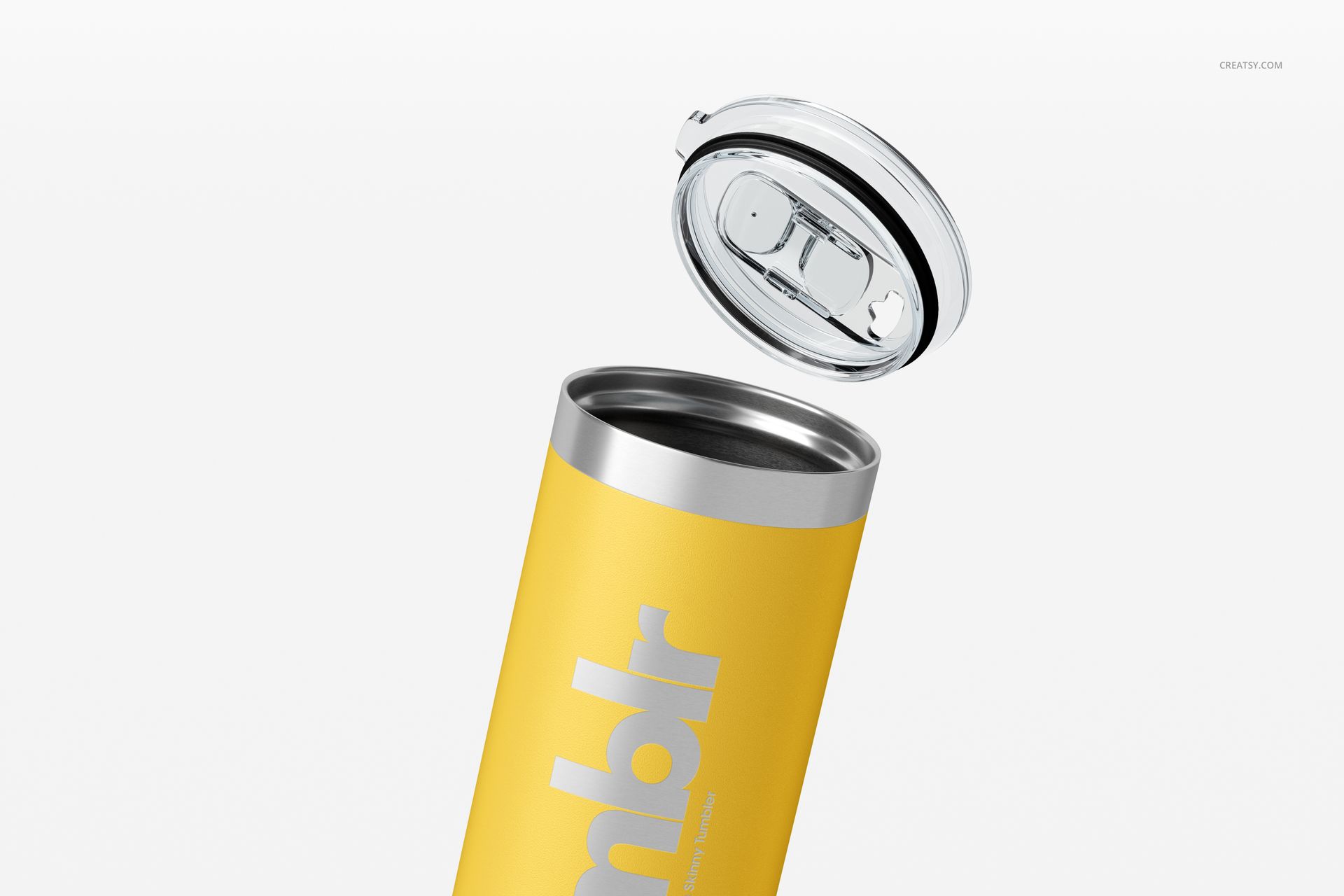 22oz skinny tumbler mockup in yellow, angled view with clear plastic lid hovering above on white background.