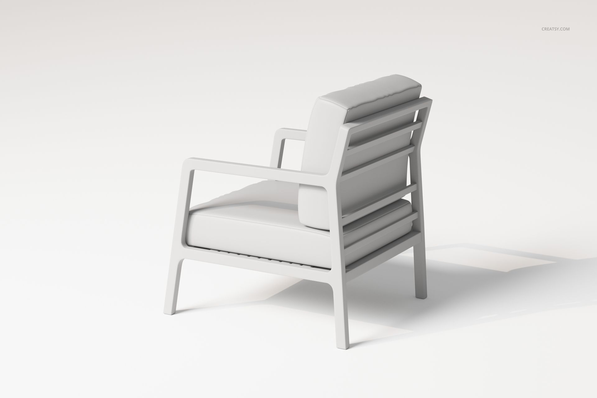 Modern lounge chair with a minimalist design, shown in a light gray color from a rear side angle on a plain background.