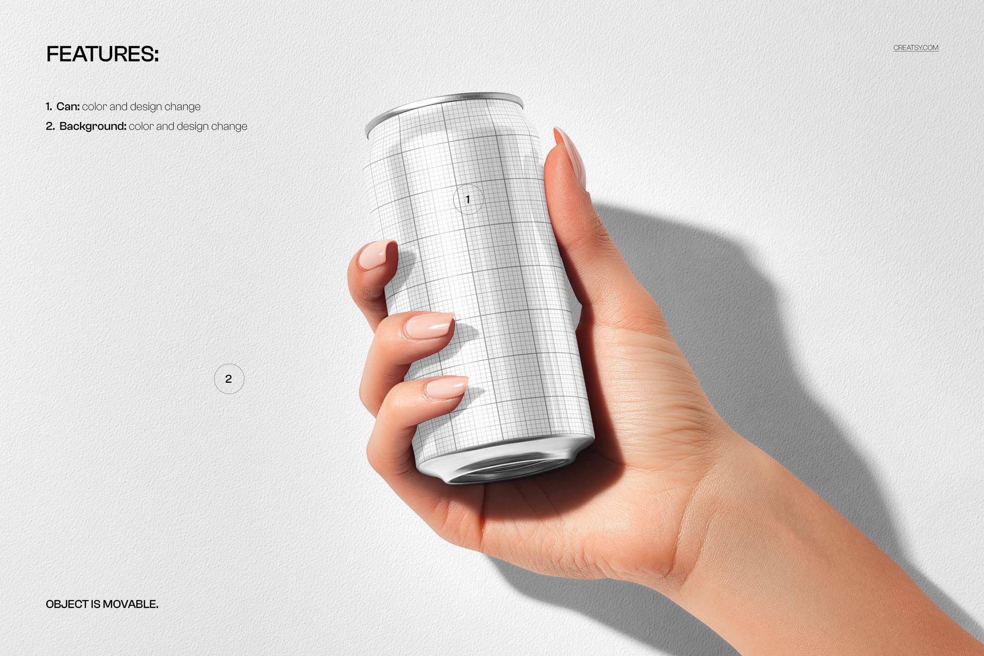 PSD mockup of a drinkware can in a hand, featuring a checkered grid design and neutral background.