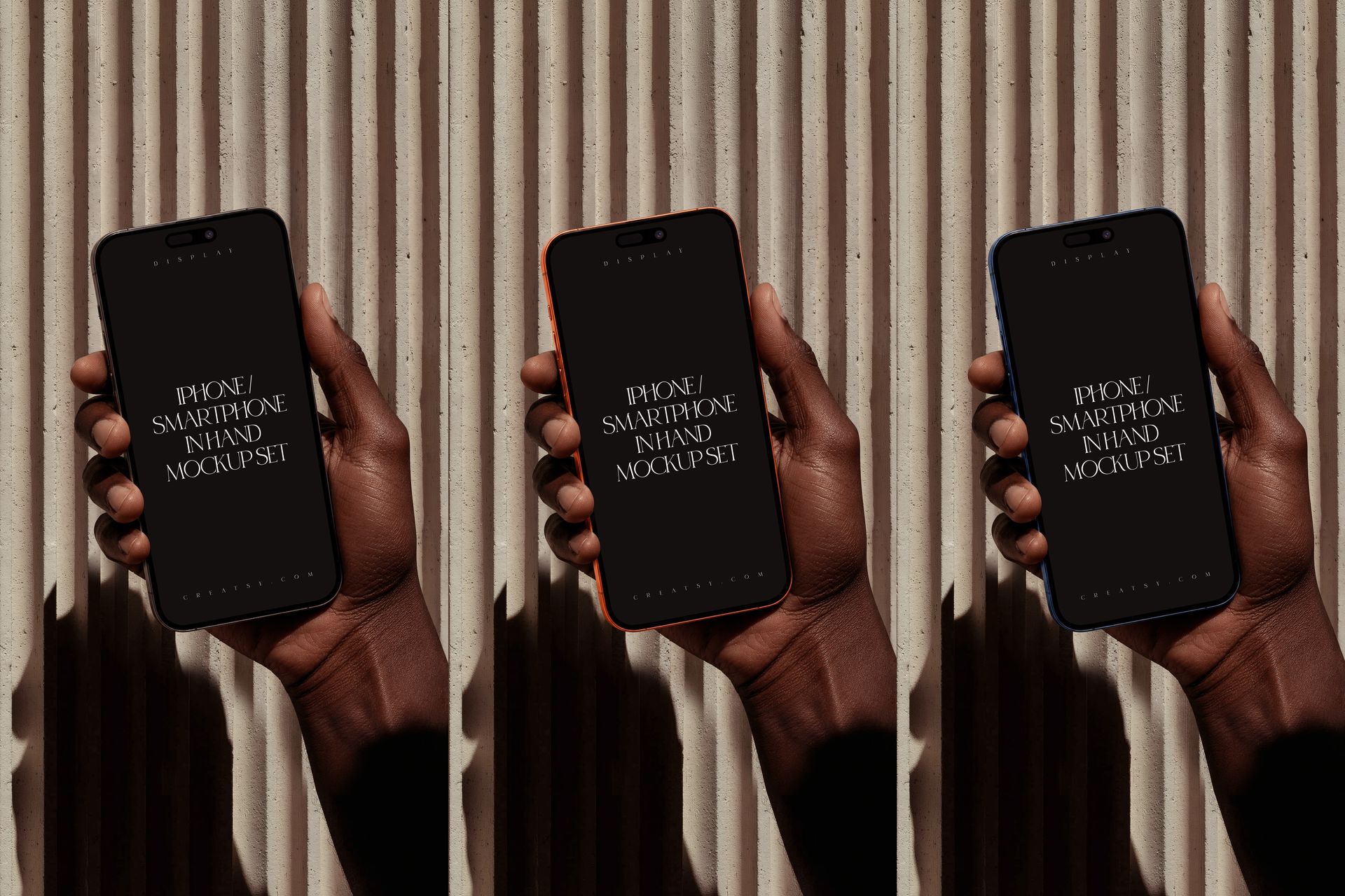 iPhone in Hand Against Ribbed Concrete Wall Mockup in three body colors, graphite, orange and blue, with the hand's shadow on the wall