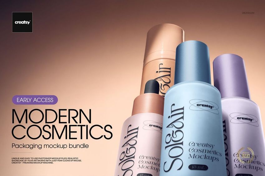 Front view of assorted cosmetics packaging mockup bottles in pastel colors with minimalistic design on a gradient background.