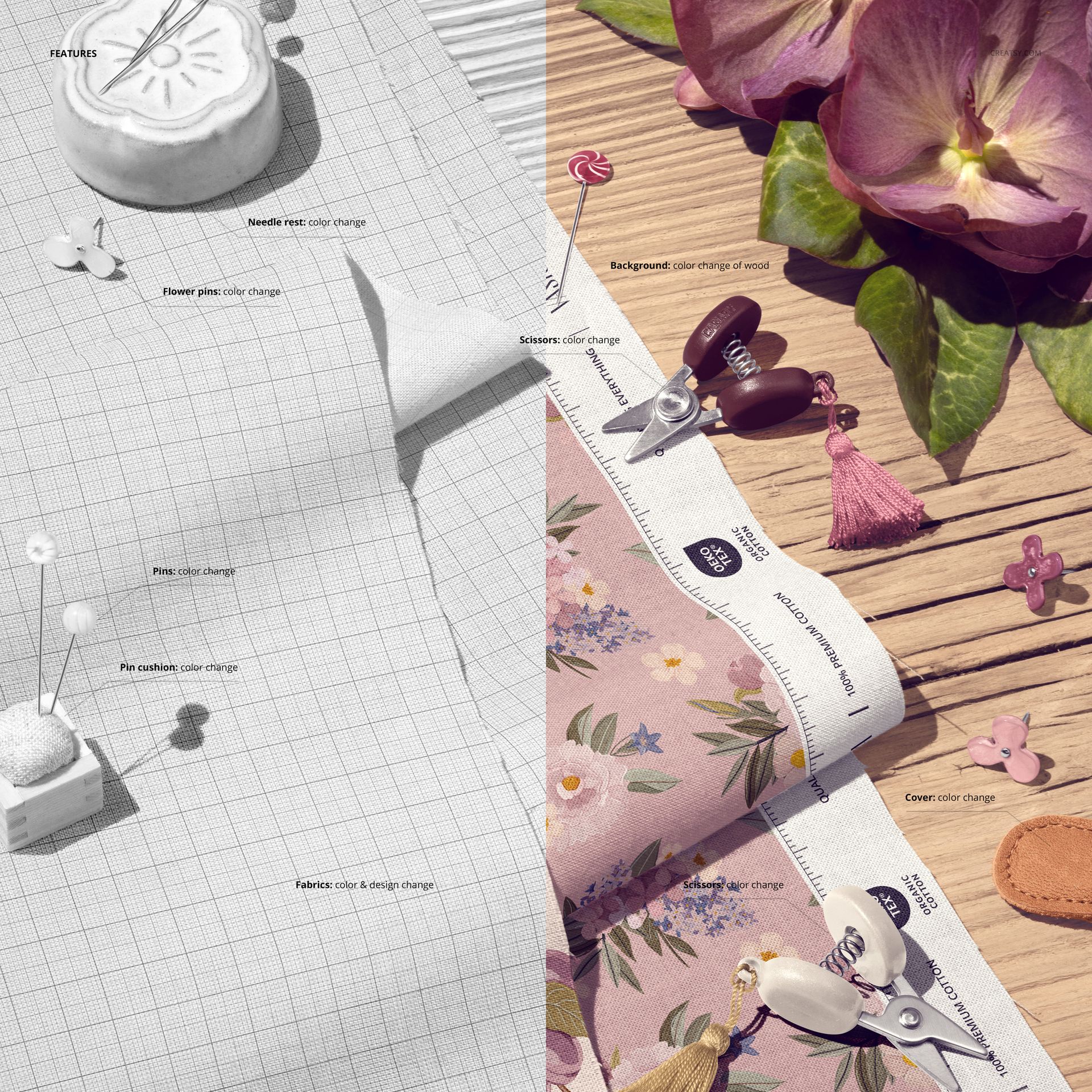 Cotton fabric mockup with floral and grid patterns shown from a top view, surrounded by sewing props and flowers.