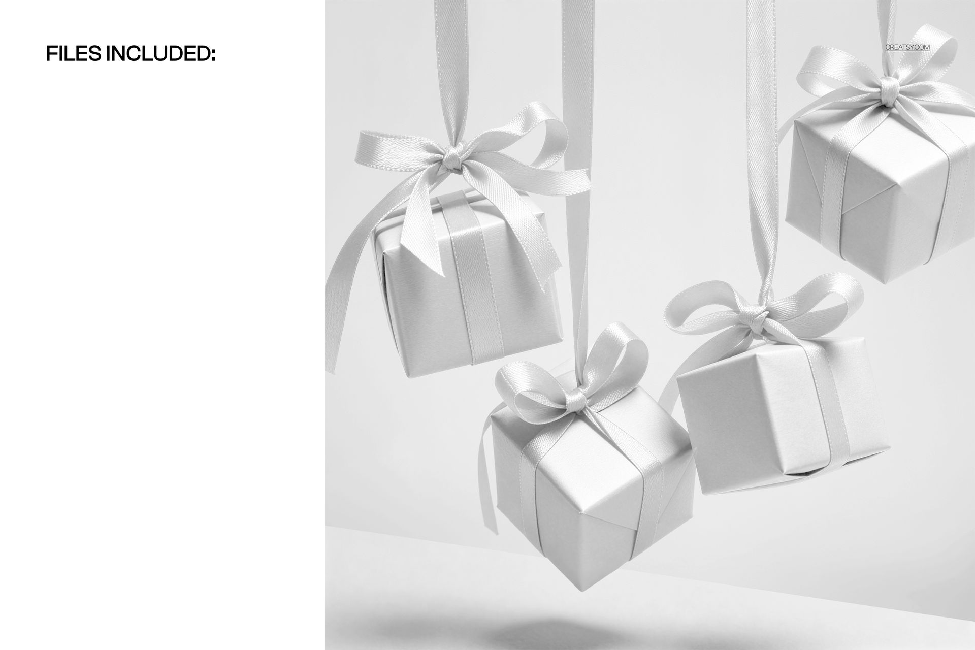Four white gift boxes with satin ribbon bows hanging against a light background, shown in a front view mockup.