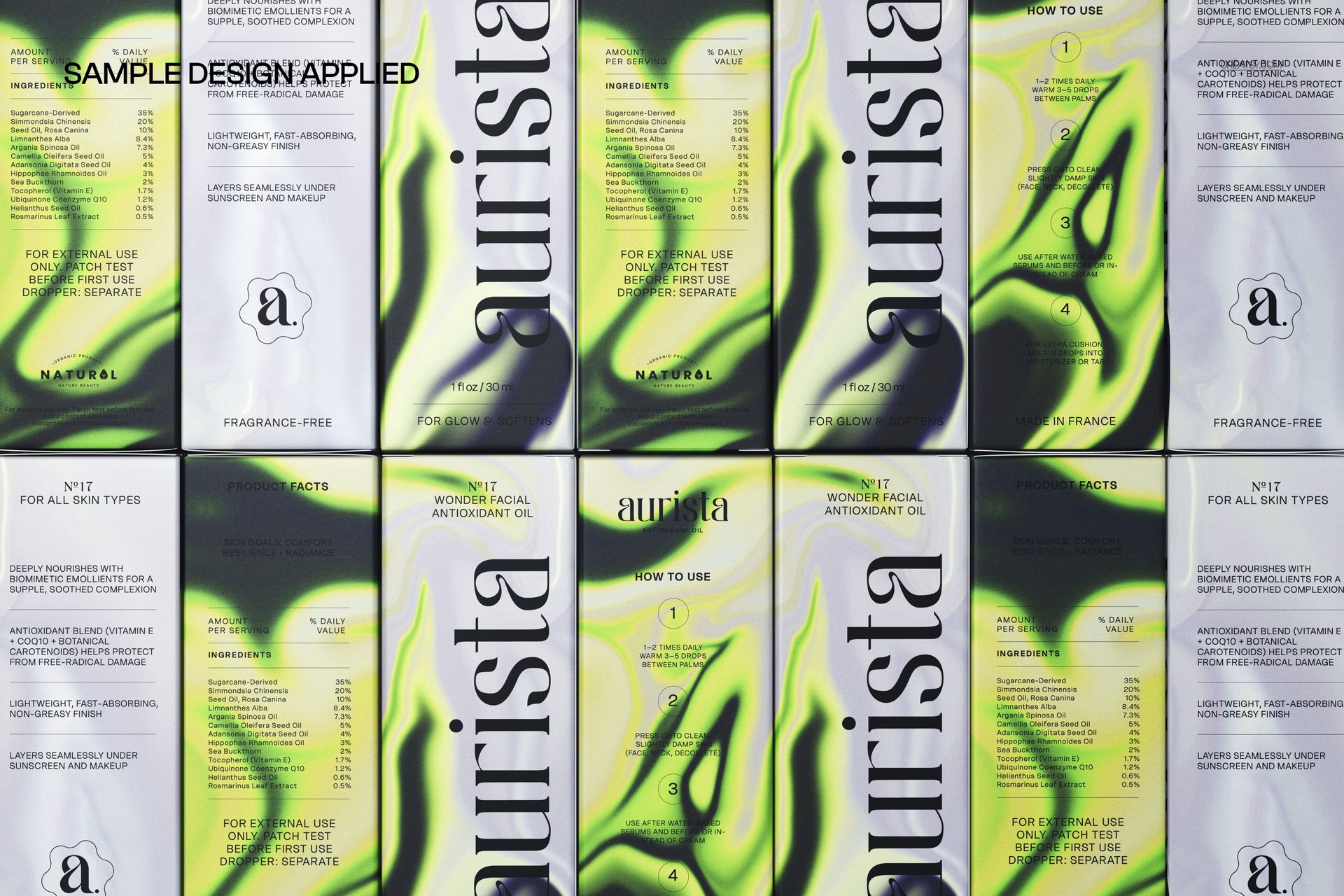 PSD mockup showing several beauty product boxes with modern green and black artwork, organized in a grid layout.