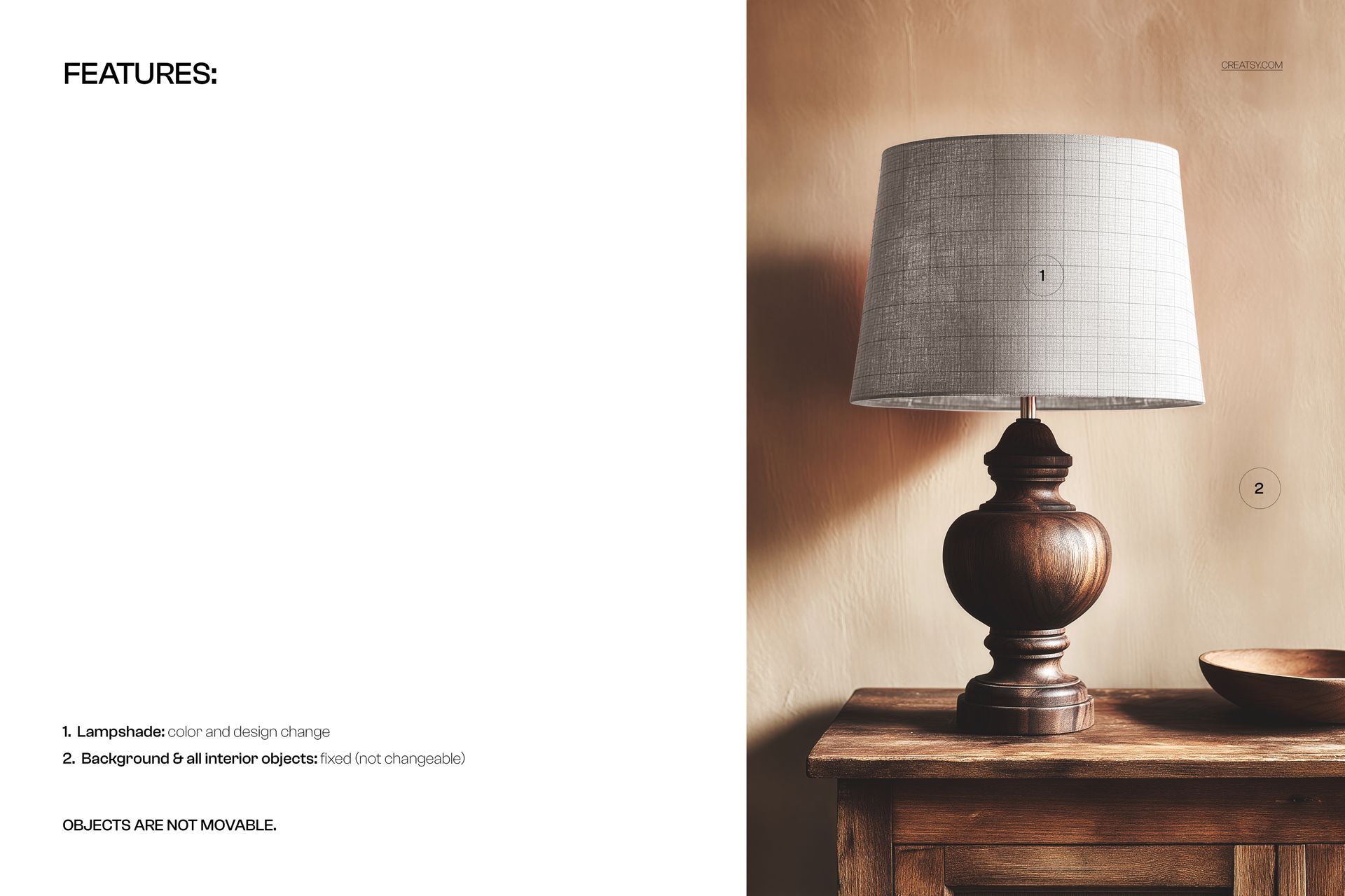 PSD mockup showing a classic dark wood table lamp with a textured light shade, placed on a wooden table.