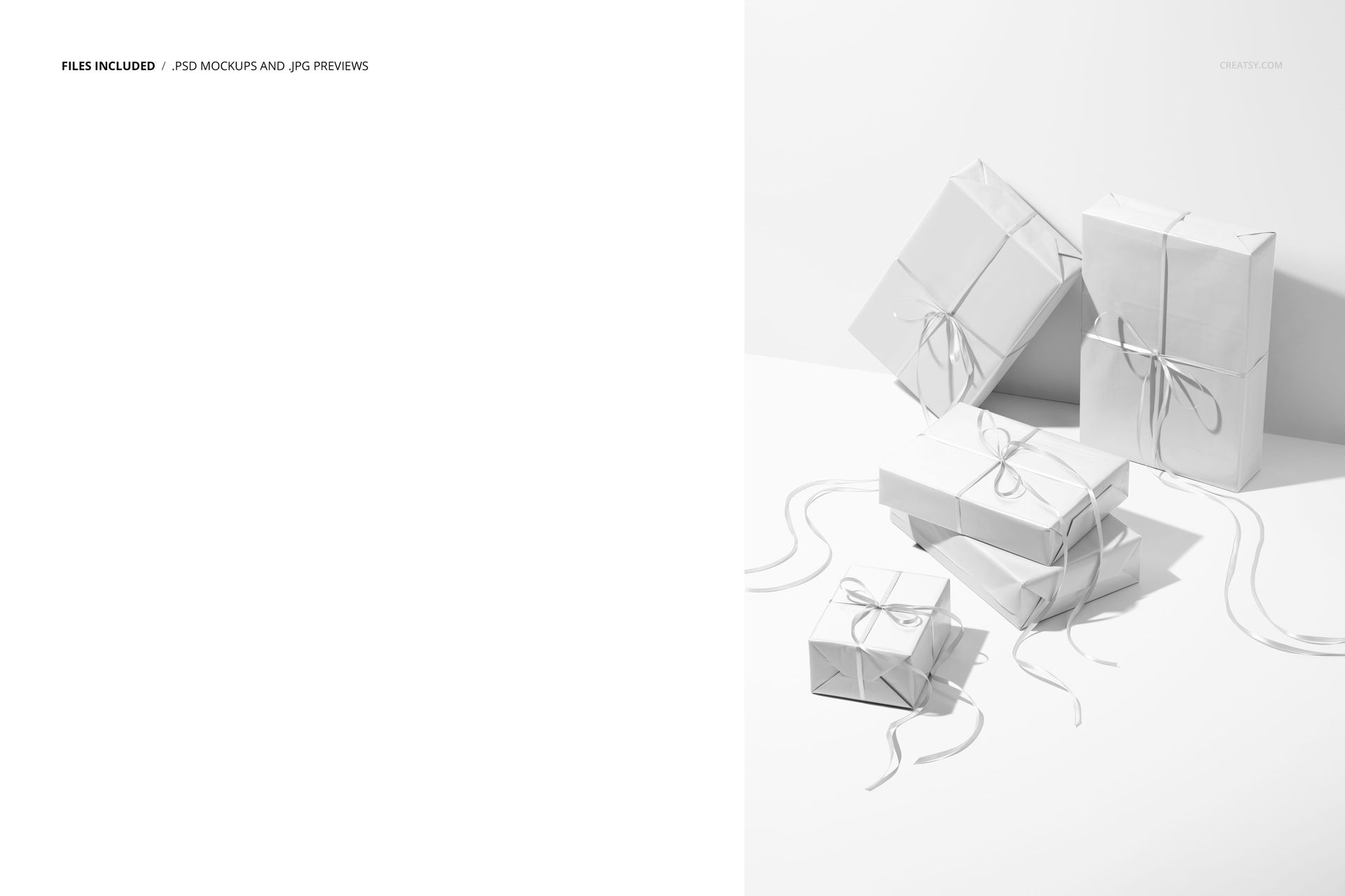 Christmas gift wrapping mockup featuring five white boxes with delicate ribbons, scattered on a clean white surface.