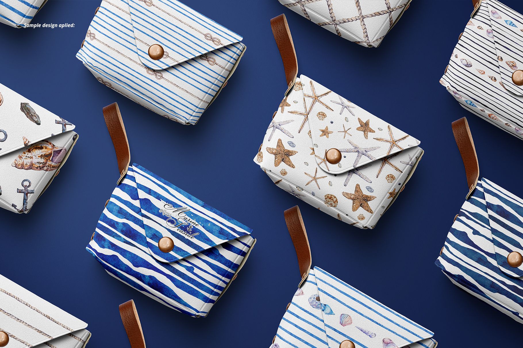 Little leather pouch wallet mockup set featuring striped, starfish, and anchor designs on a blue background, top view.