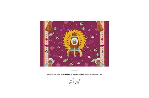 Square silk scarf featuring vibrant designs, framed and centered against a plain white backdrop, mockup presentation.