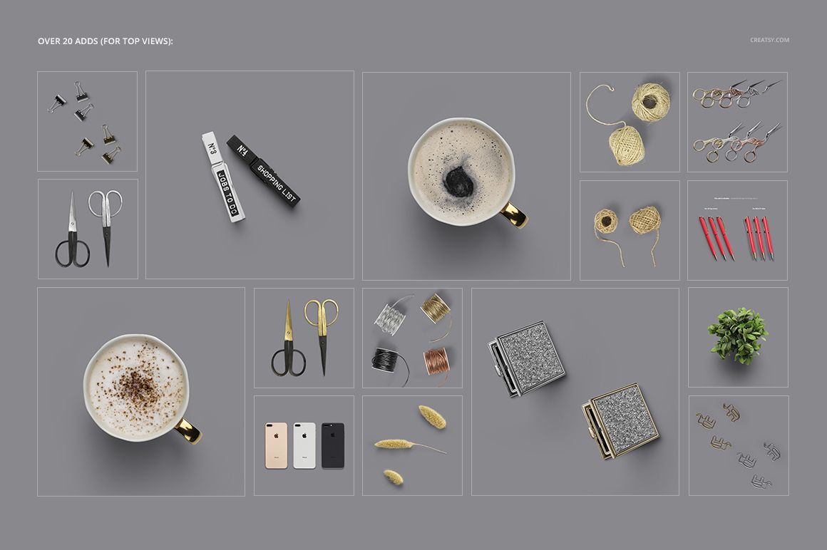 Top view of planner mockup set with coffee cups, scissors, pens, wire spools, notebooks, and small plant on gray background.