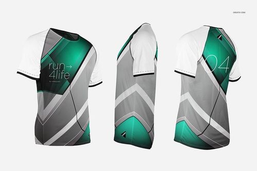 Front and back views of a running jersey mockup with geometric green, white, and gray patterns on a plain background.
