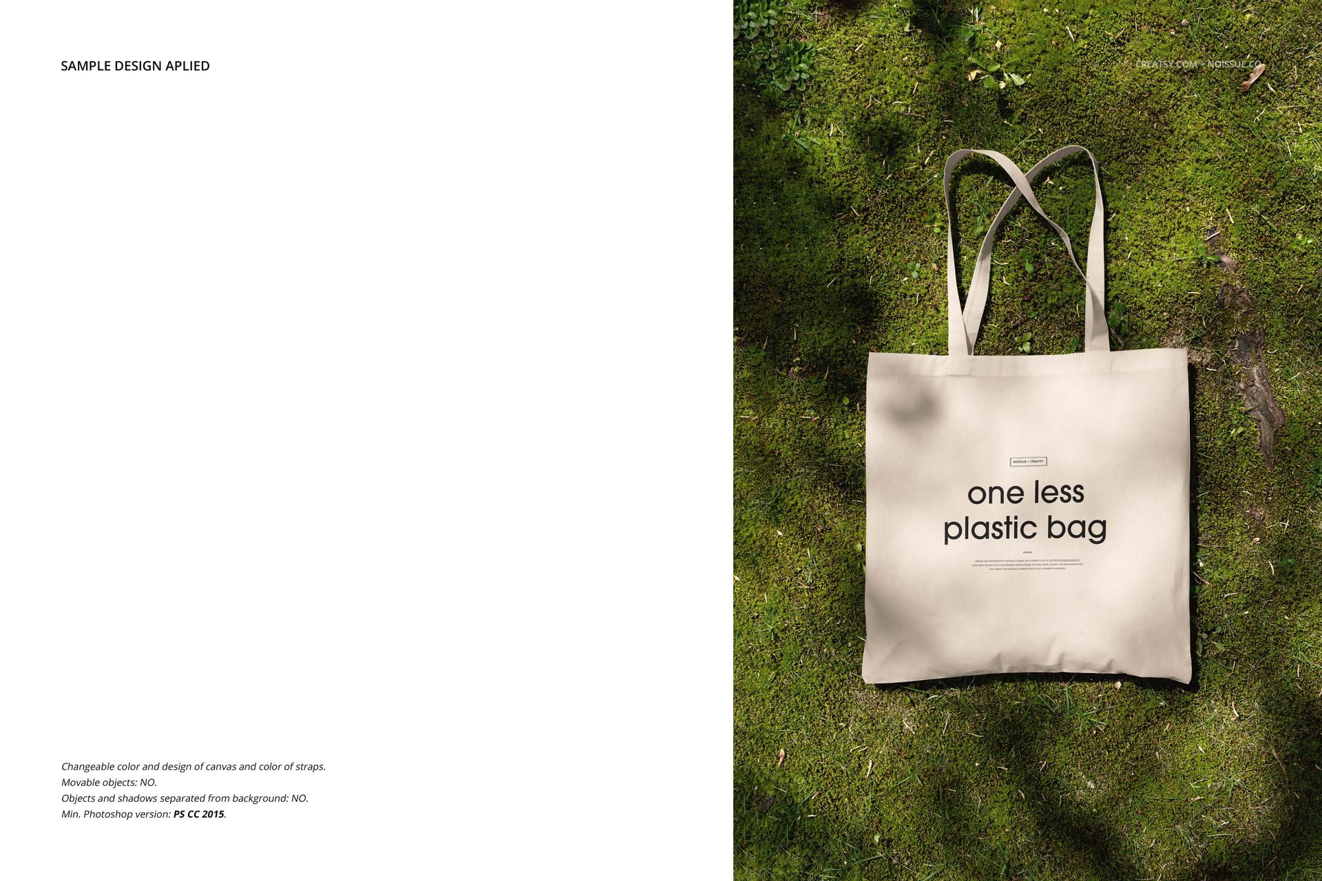 Beige tote bag mockup lying flat on mossy ground, front side visible with minimalistic printed text.