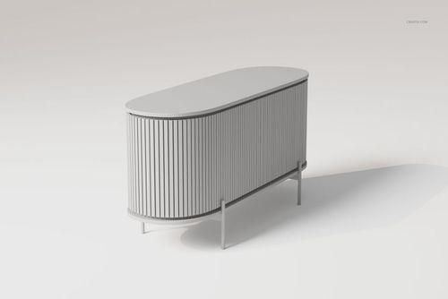 Scandinavian style console cabinet with rounded edges and vertical slatted front, shown in a light gray color on a plain background.
