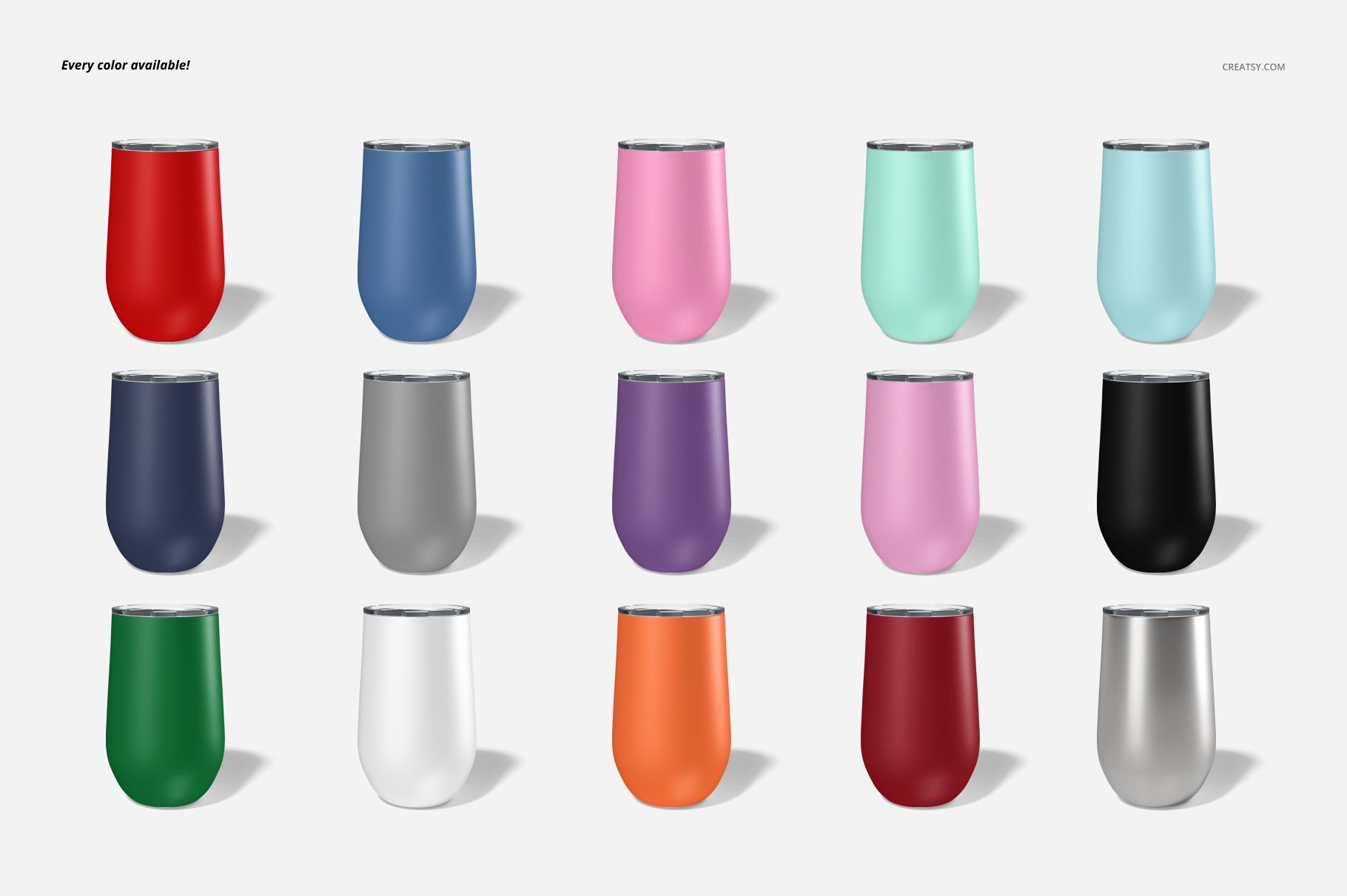 Front view of fifteen stemless wine cups in various solid colors, arranged in three rows on a light background.