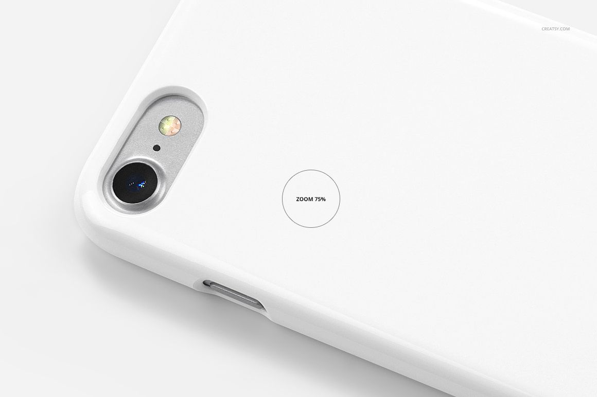 iPhone 7 plastic case mockup in white, featuring a detailed camera lens and flash from a top angle perspective.