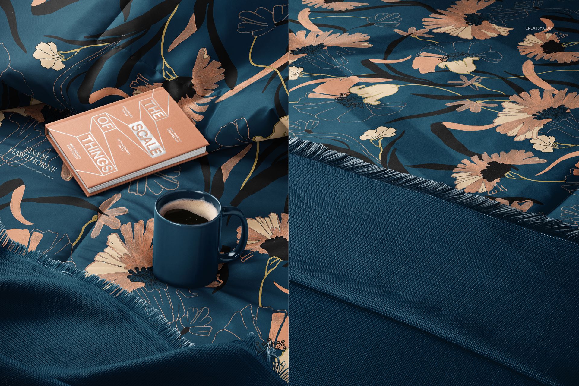 Close-up of a blue microfiber comforter mockup featuring peach floral designs, with a coffee mug and book nearby.