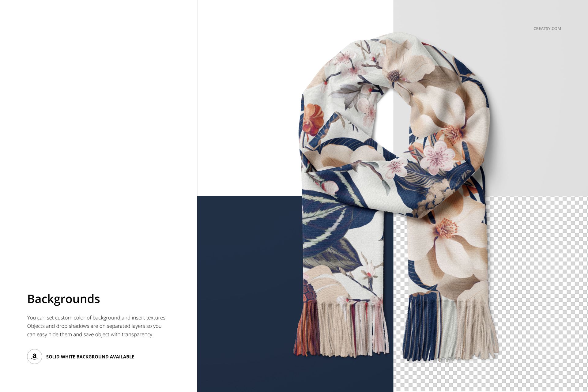 Cashmere scarf mockup with a floral pattern in beige, blue, and pink tones, displayed on a color-block background.