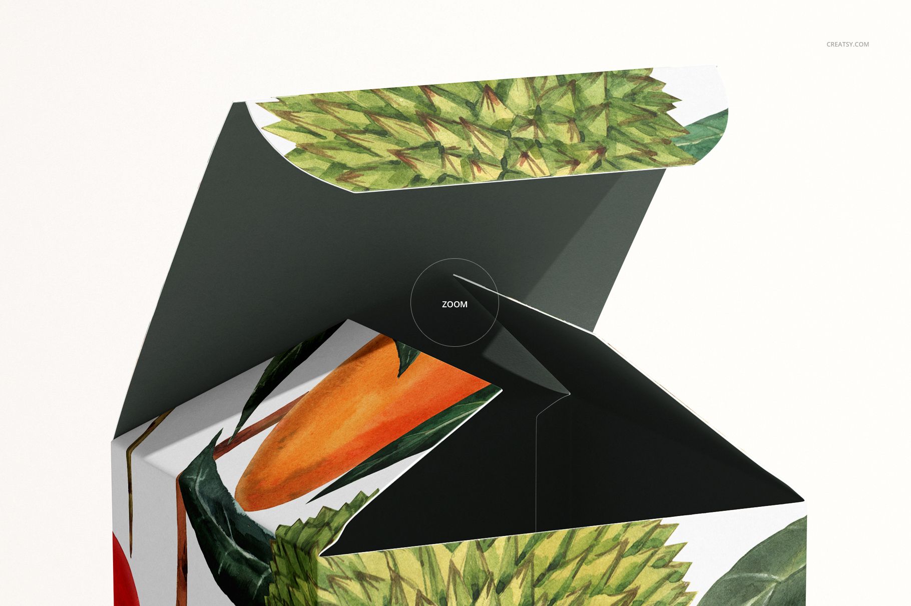 Open candle box mockup with tropical fruit illustrations, showing the interior and exterior from a close-up angled view.