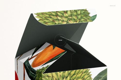 Open candle box mockup with tropical fruit illustrations, showing the interior and exterior from a close-up angled view.