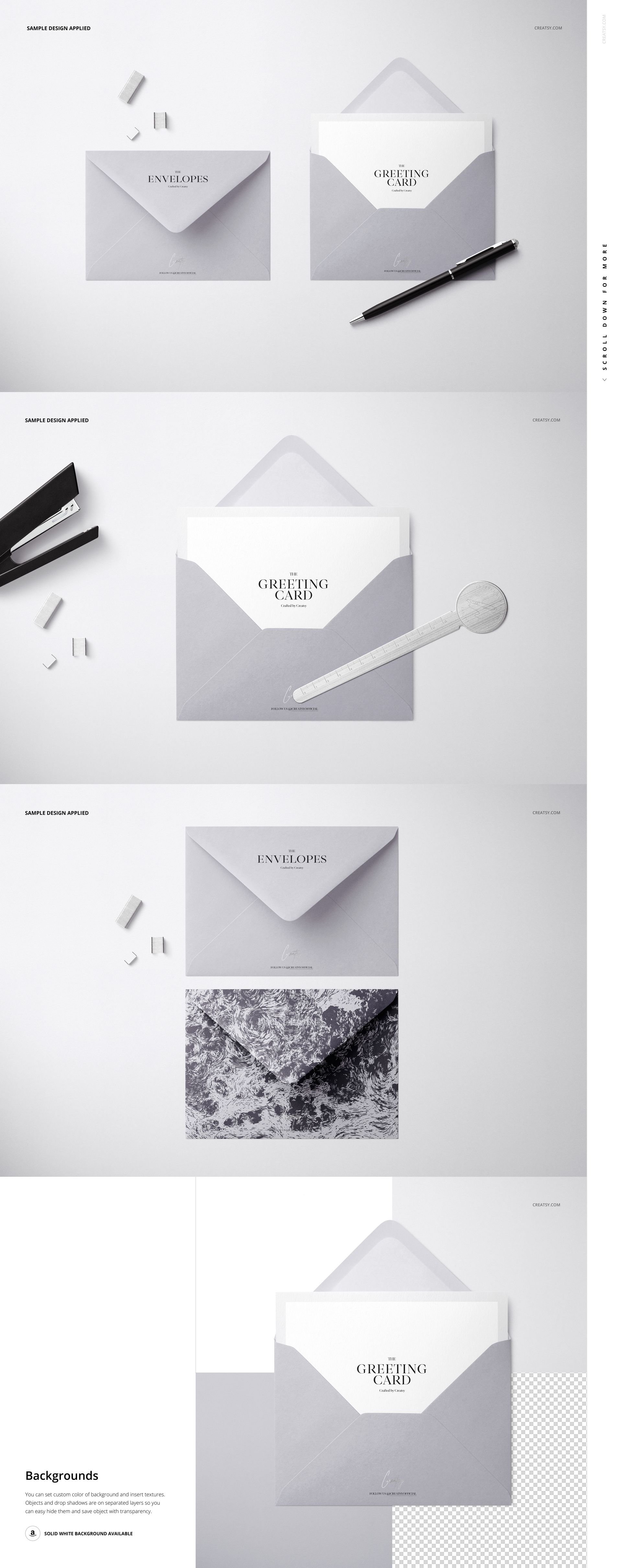 PSD mockup of envelopes and greeting cards in neutral colors, shown from above with pen, clip, and decorative items.