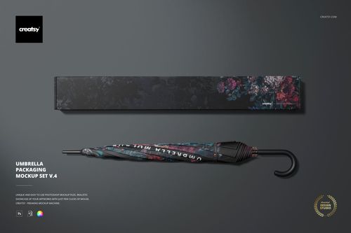 Umbrella and packaging box featuring a moody floral design, shown side by side on a flat gray background, PSD mockup.