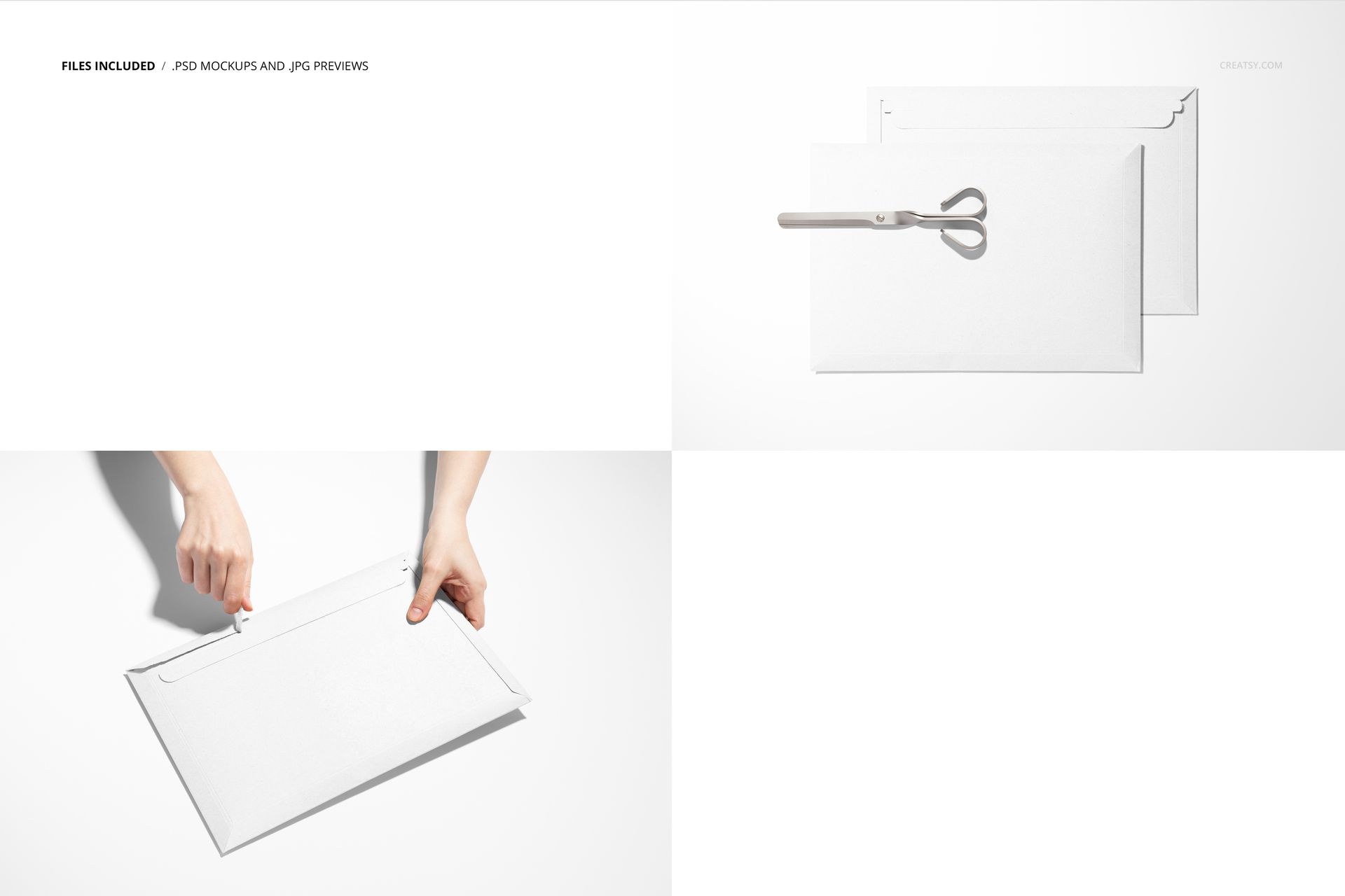 White tear strip envelope mockup set shown from various angles, including close-up and hands demonstrating opening.