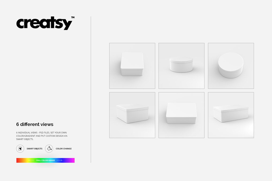 Six metal box mockups in various shapes and perspectives, displayed on a light background with minimal shadows.