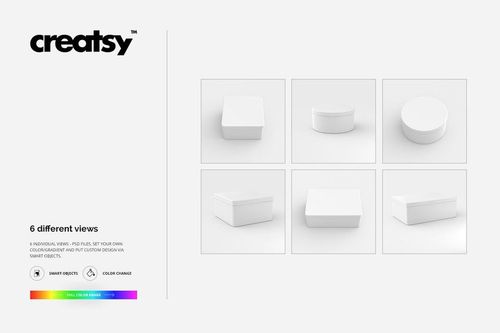 Six metal box mockups in various shapes and perspectives, displayed on a light background with minimal shadows.