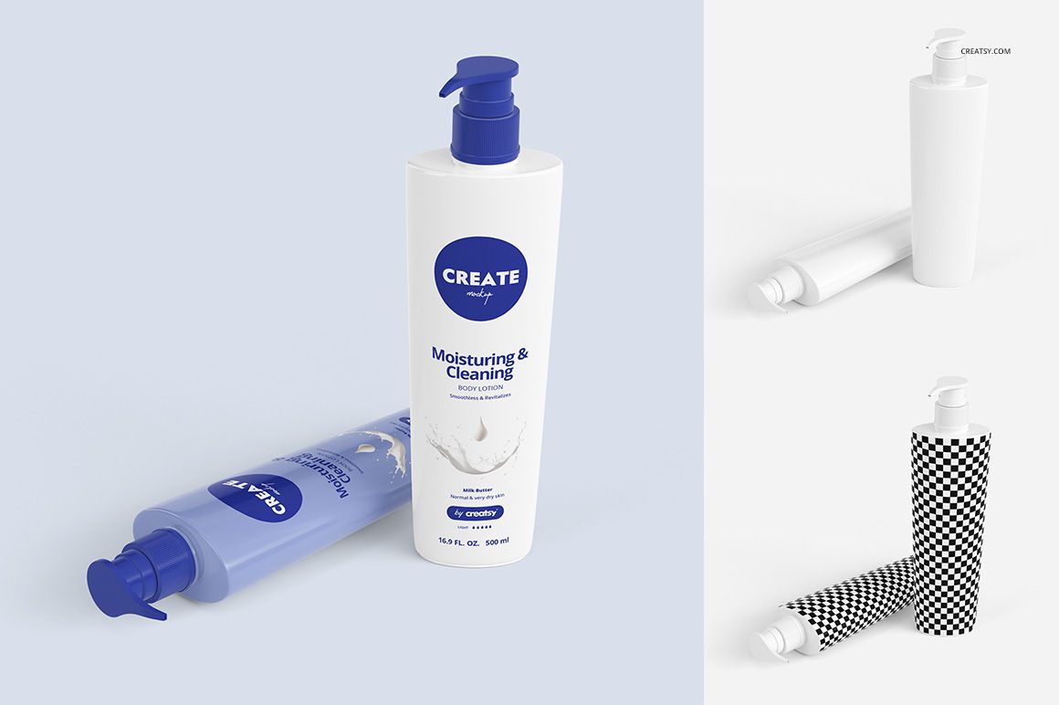 Lotion bottle PSD mockup set featuring two bottles with pump tops, displayed on a light background with minimal props.