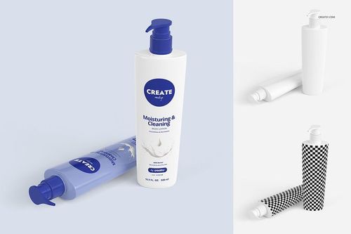 Lotion bottle PSD mockup set featuring two bottles with pump tops, displayed on a light background with minimal props.